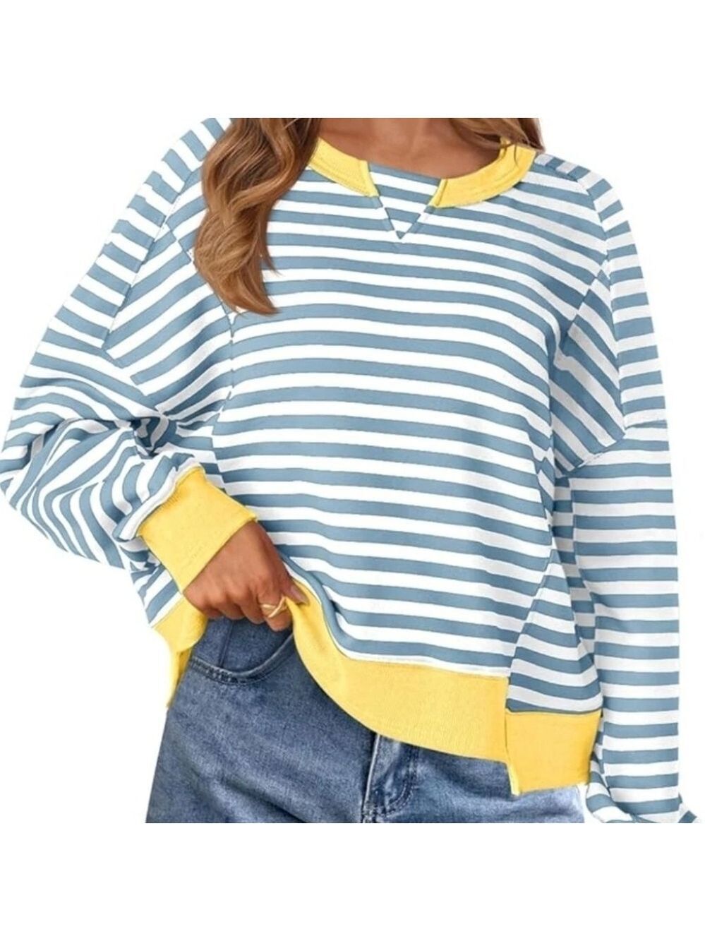 Merokeety Striped Sweatshirt Blue White Yellow